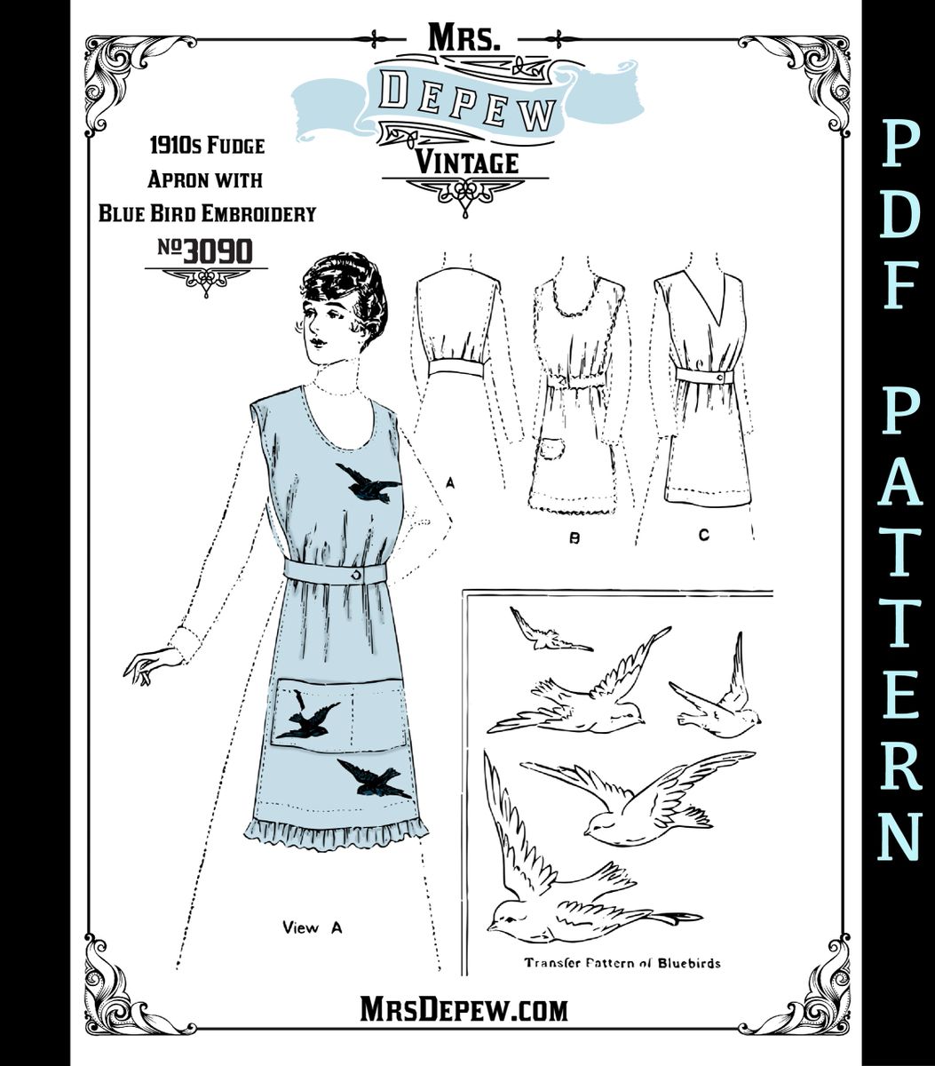Vintage Sewing Pattern 1910s Ladies' Aprons With Blue Bird Embroidery
